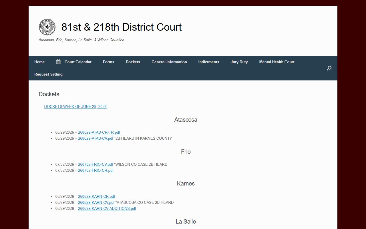 Atascosa County district court criminal docket records